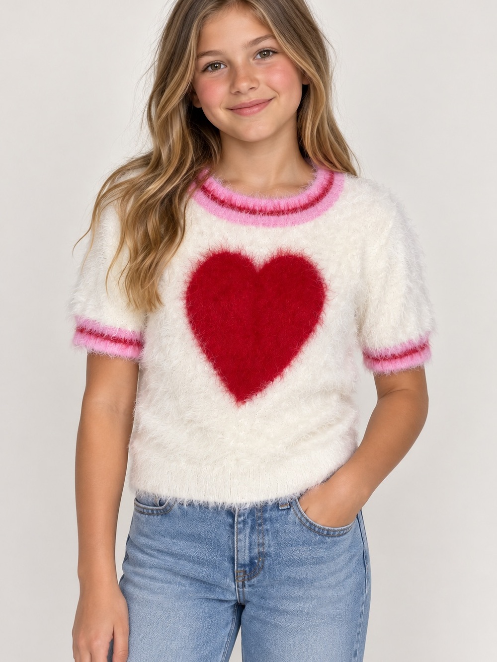 Art Class Girls L 10/12 Fuzzy Heart Sweater Pink Trim